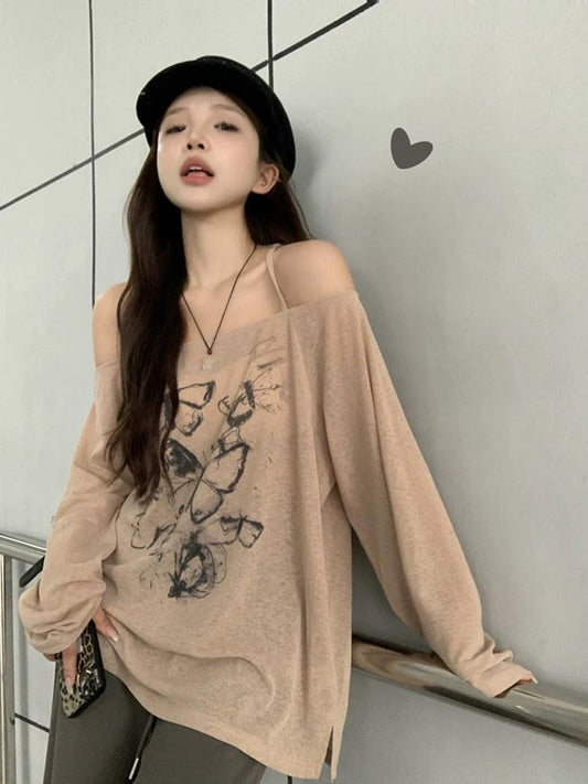 One-shoulder butterfly print long-sleeved suspender T-shirt for women autumn 2024 new style lazy style loose design top