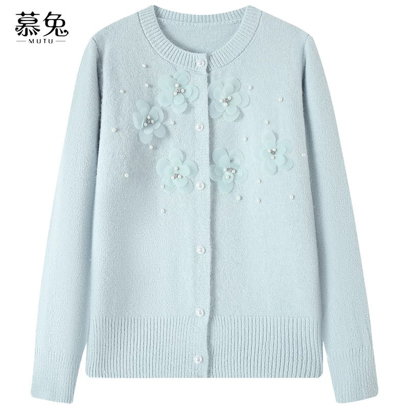 MuTu Sweet 3D Floral Flower Sweater Cardigan for Women, 2025 Winter New Style, Petite Round Neck Knitted Cardigan Top