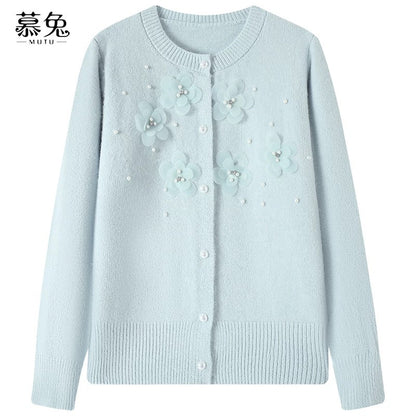 MuTu Sweet 3D Floral Flower Sweater Cardigan for Women, 2025 Winter New Style, Petite Round Neck Knitted Cardigan Top