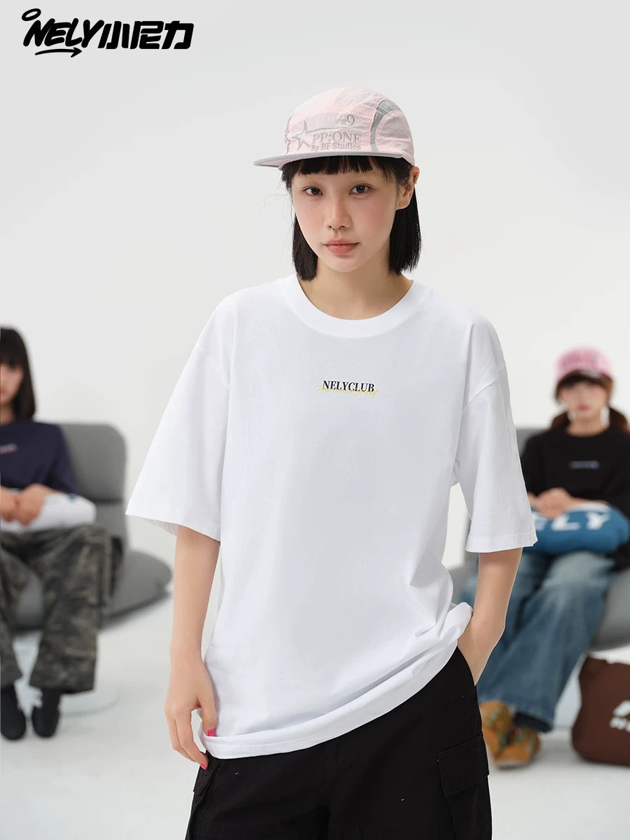 NELY Little Nelly hand-painted letter graffiti short-sleeved black cotton T-shirt for men and women 2025 trendy couple tops