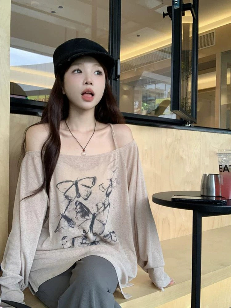 One-shoulder butterfly print long-sleeved suspender T-shirt for women autumn 2024 new style lazy style loose design top