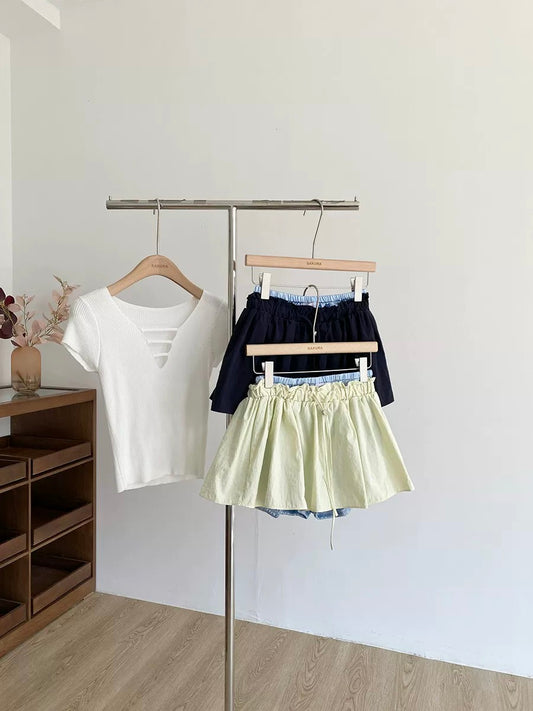 Korean-style, youthful, color-blocked, tiered cake skirt, new summer 2026 style, high-waisted, slimming A-line skirt for petite women.