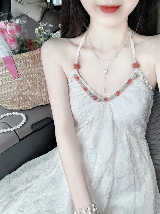 French pure lust style V-neck halterneck fairy dress summer new textured waist A-line mid-length skirt