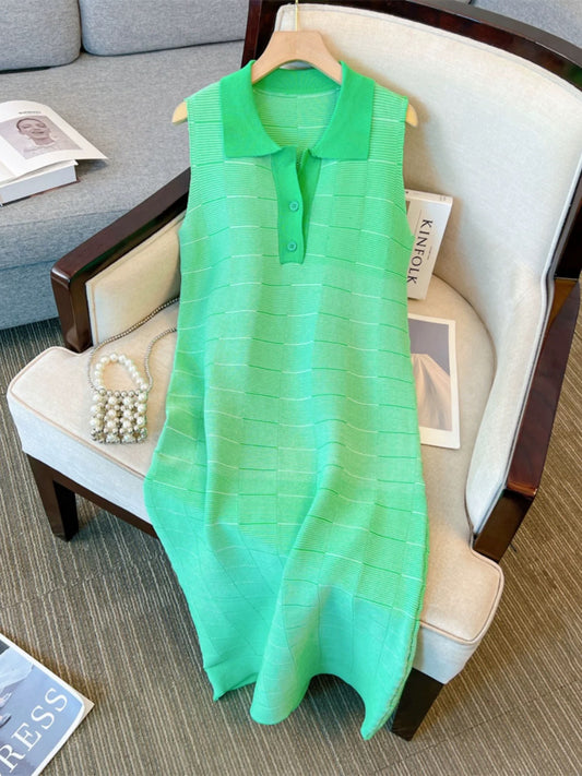 Polo collar seaside vacation style age-reducing sleeveless long skirt thin breathable gentle green knitted dress