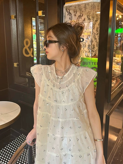 Exquisite sequin heavy industry small flying sleeve dress women's summer new seaside resort style loose cake skirt