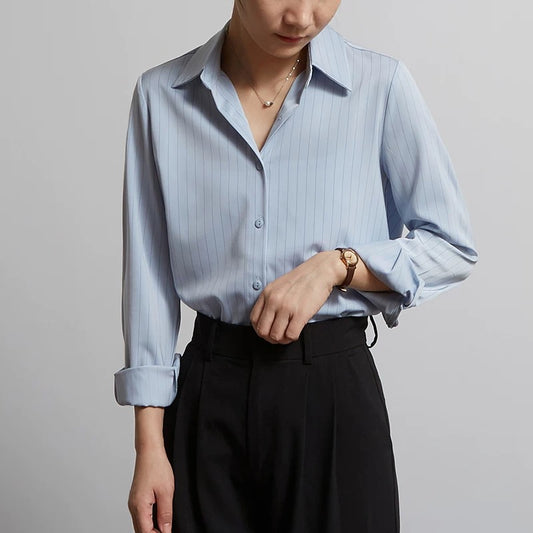 CHICBLISS light blue striped shirt women's spring and autumn new professional commuting anti-wrinkle satin drape shirt women
