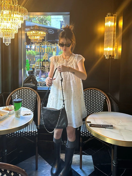 Exquisite sequin heavy industry small flying sleeve dress women's summer new seaside resort style loose cake skirt