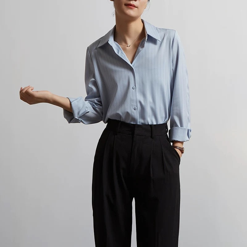 CHICBLISS light blue striped shirt women's spring and autumn new professional commuting anti-wrinkle satin drape shirt women