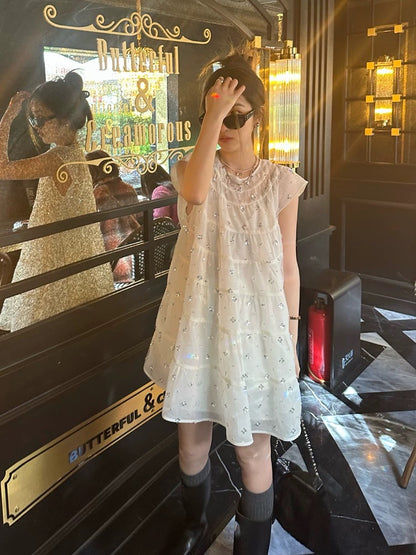 Exquisite sequin heavy industry small flying sleeve dress women's summer new seaside resort style loose cake skirt