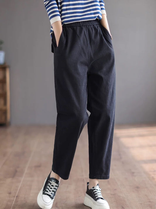 Retro cotton harem pants for women, spring and autumn new loose large size casual carrot pants, slim and versatile nine-point straight pants
