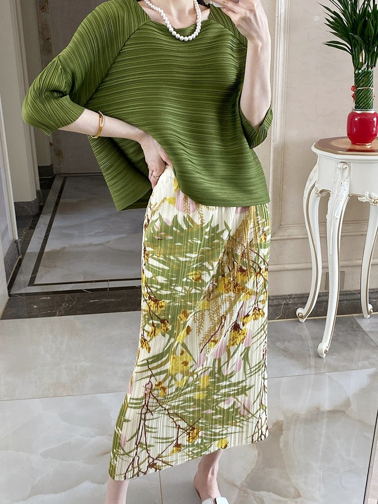 Miyake Chikage high-end pleated half-length skirt for women plus size spring and summer printed slightly fat mm small slim pleated skirt