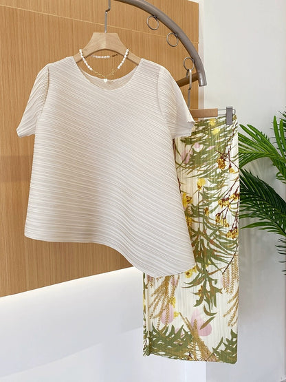 Miyake Chikage high-end pleated half-length skirt for women plus size spring and summer printed slightly fat mm small slim pleated skirt