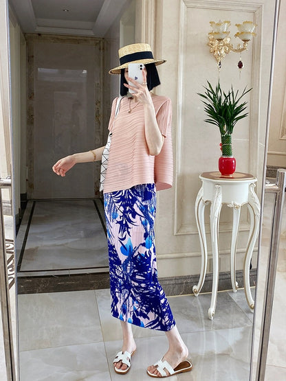 Miyake Chikage high-end pleated half-length skirt for women plus size spring and summer printed slightly fat mm small slim pleated skirt