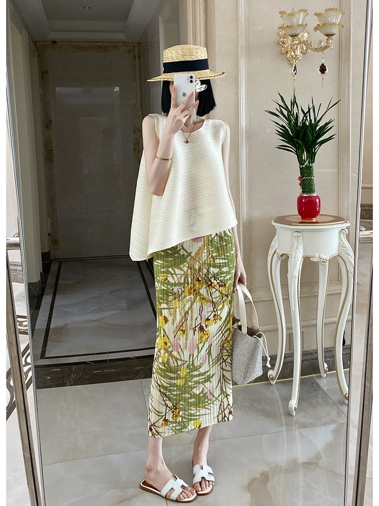 Miyake Chikage high-end pleated half-length skirt for women plus size spring and summer printed slightly fat mm small slim pleated skirt
