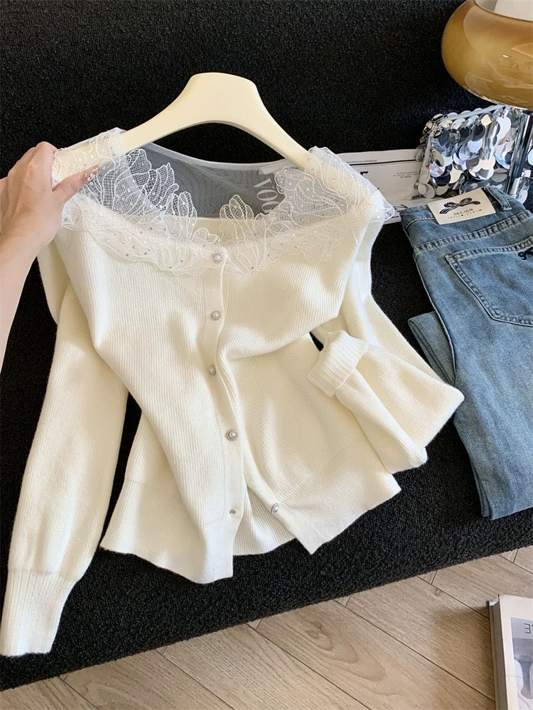 Jade Closet flagship store recommendation: Merard sweet style lace trim long-sleeved knit cardigan sweater for women.