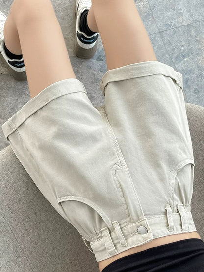 Curled denim shorts for women, petite, A-line, slimming, new summer styles, high waist, loose, large size, fat mm, wide leg hot pants