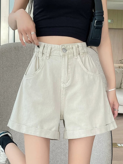 Curled denim shorts for women, petite, A-line, slimming, new summer styles, high waist, loose, large size, fat mm, wide leg hot pants