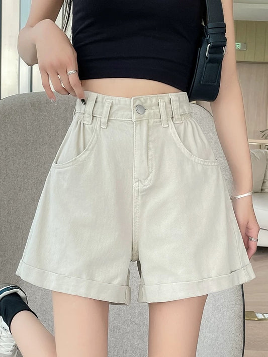 Curled denim shorts for women, petite, A-line, slimming, new summer styles, high waist, loose, large size, fat mm, wide leg hot pants