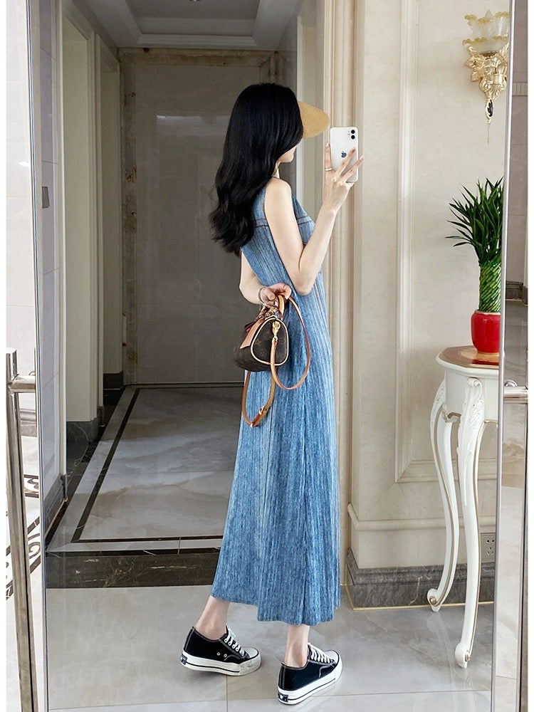 Yuan Sijie Miyake style pleated dress denim retro straight long skirt plus size women's slim vest dress summer