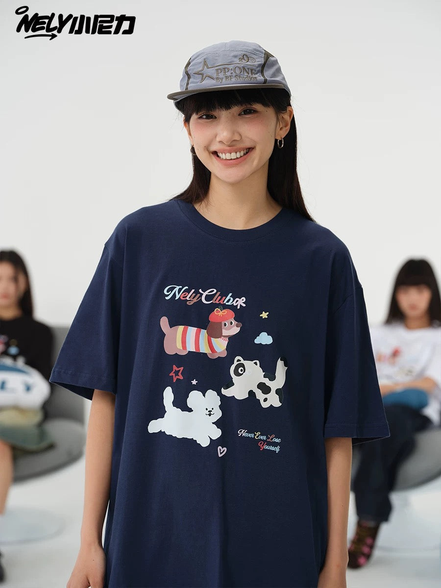 NELY Little Nelly Cute Puppy Printed Short-sleeved T-shirt for Men and Women 2025 New Summer ins Loose Casual Tops