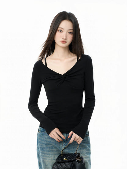 iiiamX Black V-neck Faux Two-Piece T-Shirt Women's Autumn 2025 New Slim Fit Bodysuit Long-Sleeved Top