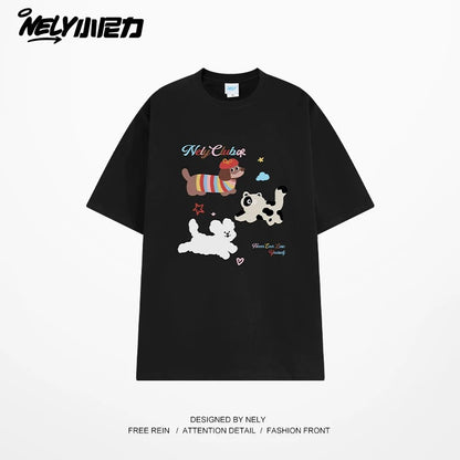 NELY Little Nelly Cute Puppy Printed Short-sleeved T-shirt for Men and Women 2025 New Summer ins Loose Casual Tops