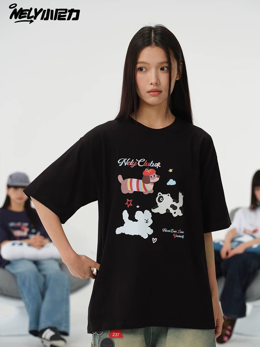 NELY Little Nelly Cute Puppy Printed Short-sleeved T-shirt for Men and Women 2025 New Summer ins Loose Casual Tops