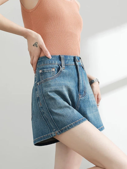 Retro denim shorts women's summer 2025 new style high waist slim a-line elastic loose slim straight hot pants