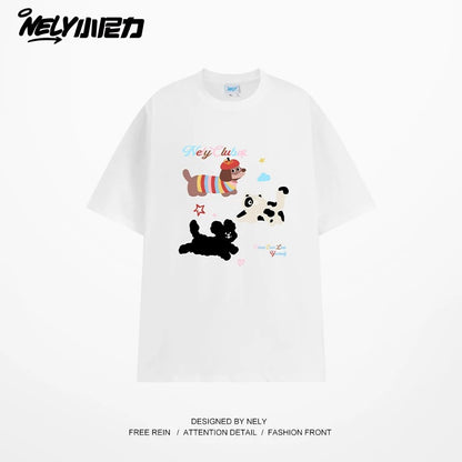 NELY Little Nelly Cute Puppy Printed Short-sleeved T-shirt for Men and Women 2025 New Summer ins Loose Casual Tops