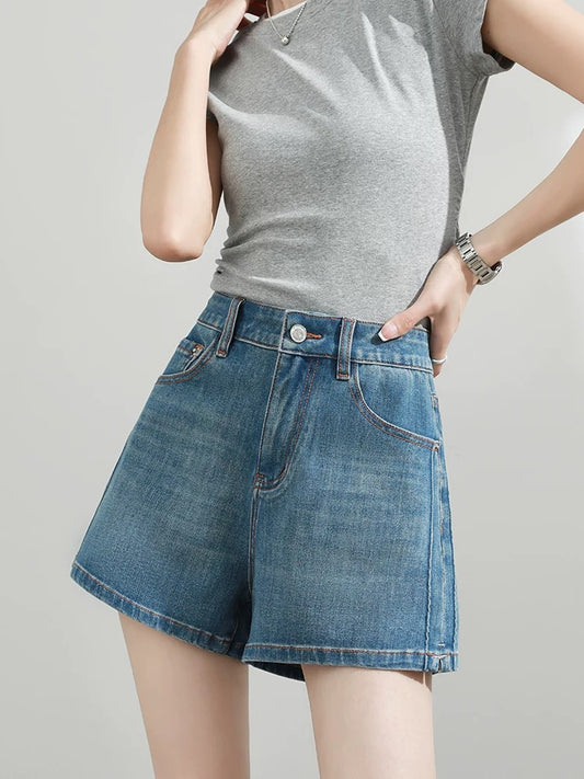 Retro denim shorts women's summer 2025 new style high waist slim a-line elastic loose slim straight hot pants
