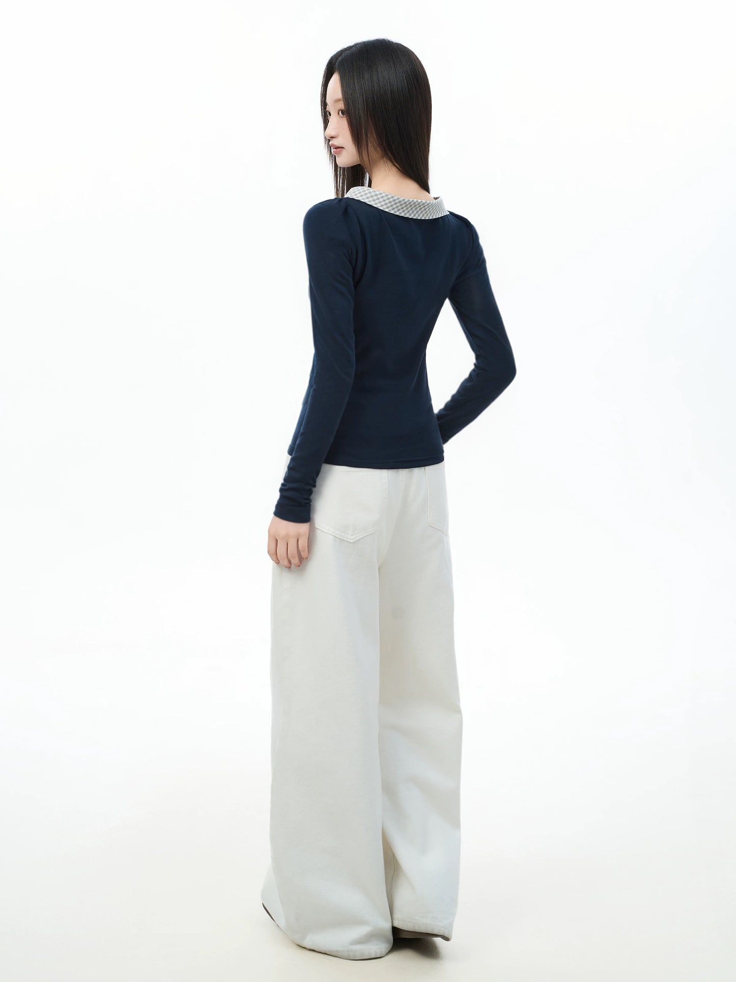 iiiamX Navy Blue Long-Sleeved T-Shirt with Straight Shoulders, Women's Autumn Design, Unique Style, Wide Neckline, Slim Fit Base Layer Top