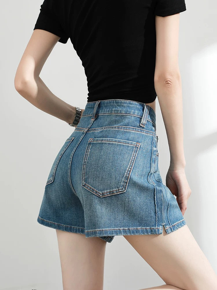 Retro denim shorts women's summer 2025 new style high waist slim a-line elastic loose slim straight hot pants