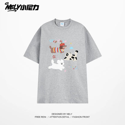 NELY Little Nelly Cute Puppy Printed Short-sleeved T-shirt for Men and Women 2025 New Summer ins Loose Casual Tops