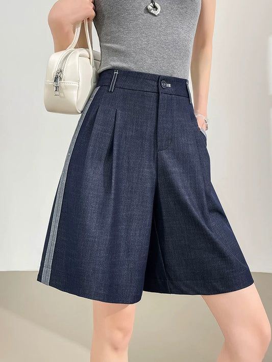 Tencel denim shorts women's 2025 summer thin high waist slim loose drape all-match a-line five-point pants