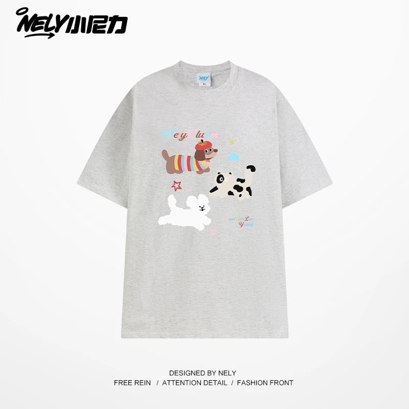 NELY Little Nelly Cute Puppy Printed Short-sleeved T-shirt for Men and Women 2025 New Summer ins Loose Casual Tops