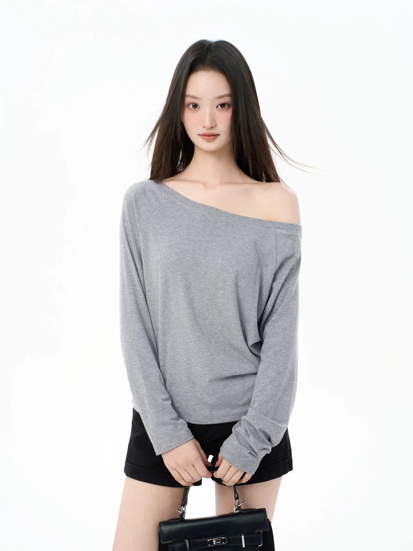iiiamX Grey Off-Shoulder Long-Sleeve T-Shirt for Women, Autumn, Sexy, Loose Fit, Inner Layer Top, 2025 New Arrival