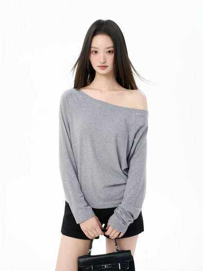 iiiamX Grey Off-Shoulder Long-Sleeve T-Shirt for Women, Autumn, Sexy, Loose Fit, Inner Layer Top, 2025 New Arrival