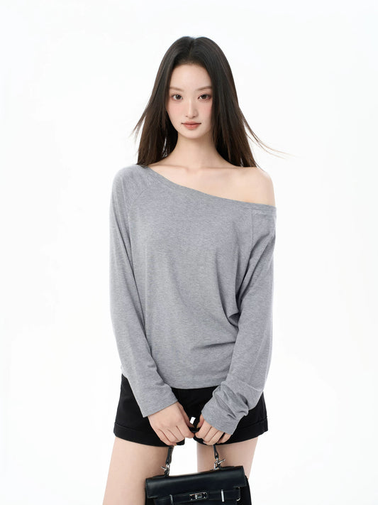 iiiamX Grey Off-Shoulder Long-Sleeve T-Shirt for Women, Autumn, Sexy, Loose Fit, Inner Layer Top, 2025 New Arrival