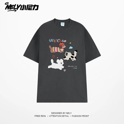 NELY Little Nelly Cute Puppy Printed Short-sleeved T-shirt for Men and Women 2025 New Summer ins Loose Casual Tops