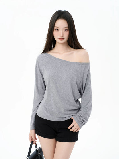 iiiamX Grey Off-Shoulder Long-Sleeve T-Shirt for Women, Autumn, Sexy, Loose Fit, Inner Layer Top, 2025 New Arrival