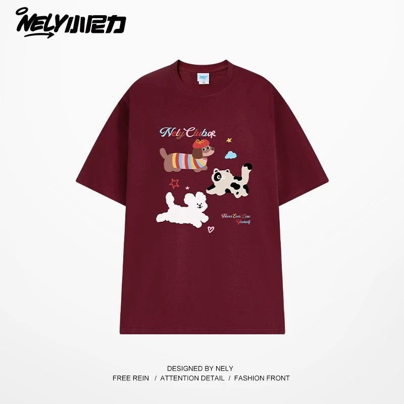 NELY Little Nelly Cute Puppy Printed Short-sleeved T-shirt for Men and Women 2025 New Summer ins Loose Casual Tops