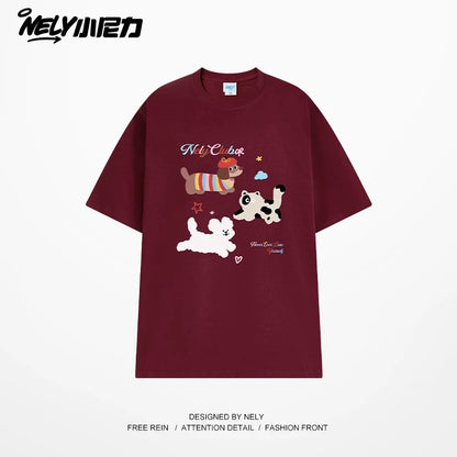 NELY Little Nelly Cute Puppy Printed Short-sleeved T-shirt for Men and Women 2025 New Summer ins Loose Casual Tops