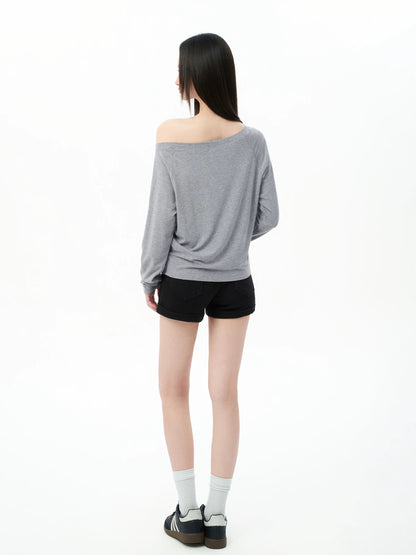 iiiamX Grey Off-Shoulder Long-Sleeve T-Shirt for Women, Autumn, Sexy, Loose Fit, Inner Layer Top, 2025 New Arrival