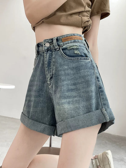 High waist denim shorts women's summer thin style 2025 new loose slim wide leg a-line curled hot girl hot pants
