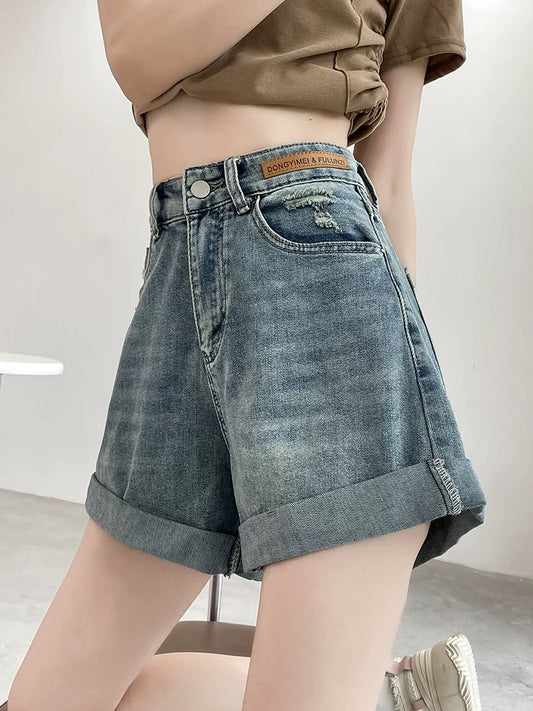 High waist denim shorts women's summer thin style 2025 new loose slim wide leg a-line curled hot girl hot pants