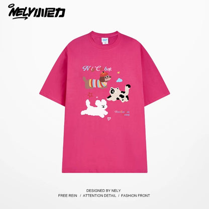 NELY Little Nelly Cute Puppy Printed Short-sleeved T-shirt for Men and Women 2025 New Summer ins Loose Casual Tops