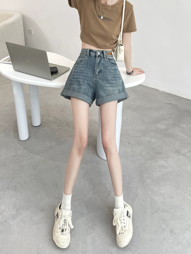 High waist denim shorts women's summer thin style 2025 new loose slim wide leg a-line curled hot girl hot pants