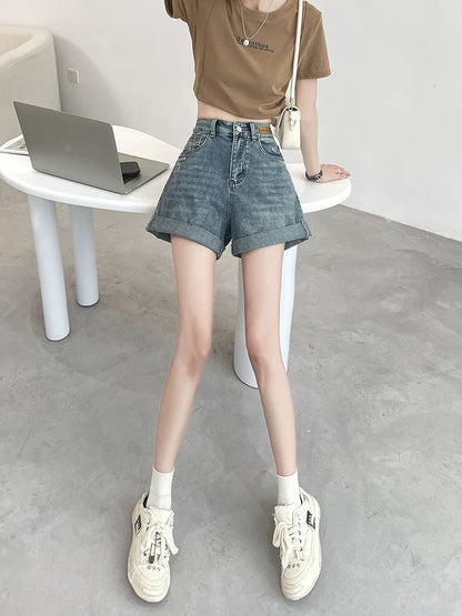 High waist denim shorts women's summer thin style 2025 new loose slim wide leg a-line curled hot girl hot pants