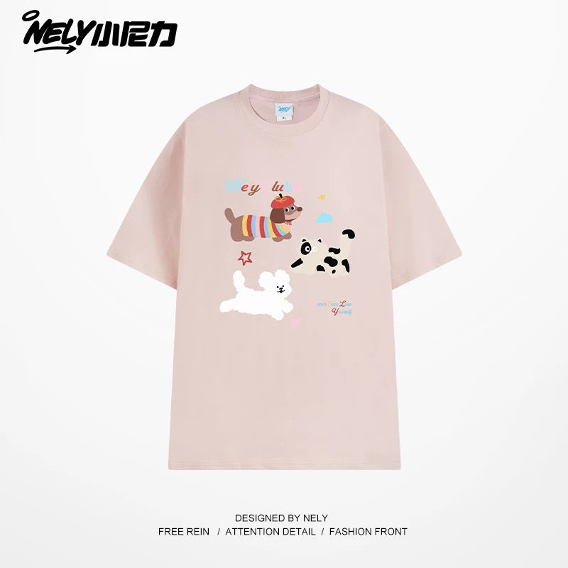 NELY Little Nelly Cute Puppy Printed Short-sleeved T-shirt for Men and Women 2025 New Summer ins Loose Casual Tops