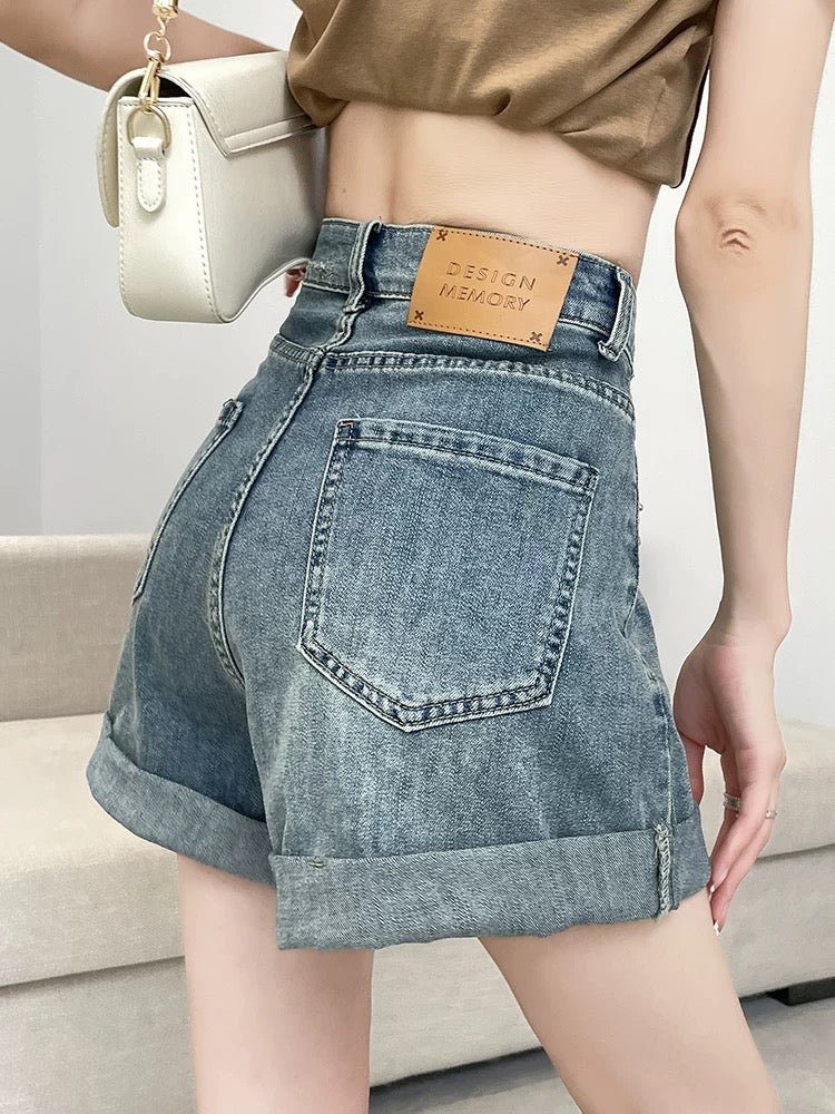High waist denim shorts women's summer thin style 2025 new loose slim wide leg a-line curled hot girl hot pants